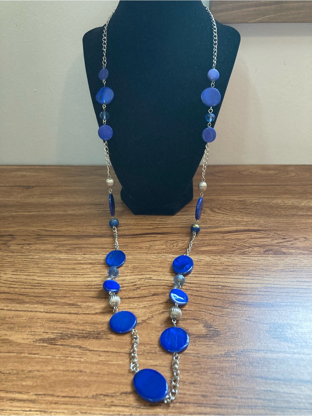 Long Silvertone & Blue Beads Necklace